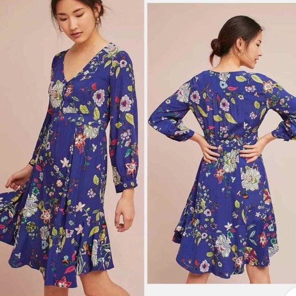 Anthropologie Maeve Boho Maplewood Blue Floral Dress Sz small - Picture 1 of 16